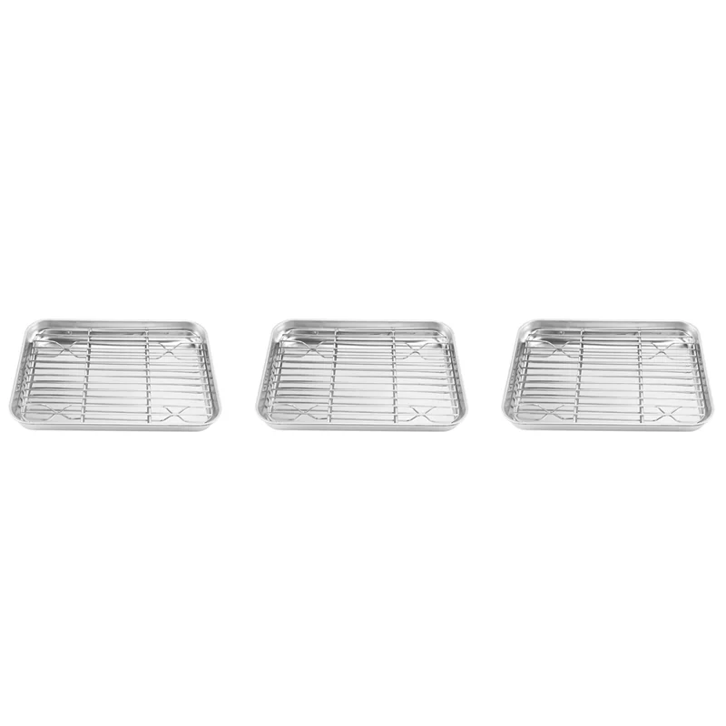 

3Pcs 9 Inch Toaster Oven Tray And Rack Set, Small Stainless Steel Baking Pan With Cooling Rack-ABQU
