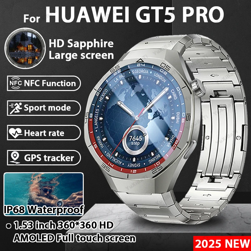 For HUAWEI Watch GT5 PRO Smart Watch Men NFC GPS Tracker AMOLED Always Show HD Screen Heart Rate Bluetooth Call Watches 2025 New