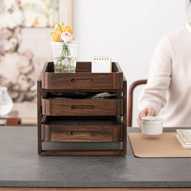 

Walnut Desk Storage Box, Multi-layer Office Shelves, Solid Wood Tray, Japanese Tea Tray, Superimposed Storage Organizer.