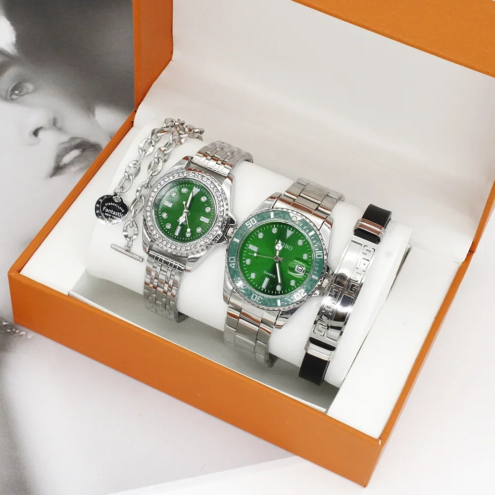 

4 шт./компл. пара кварцевых часов, набор браслетов, модный подарок на день Святого Валентина, часы из нержавеющей стали с кристаллами, мужские и женские кварцевые часы, набор