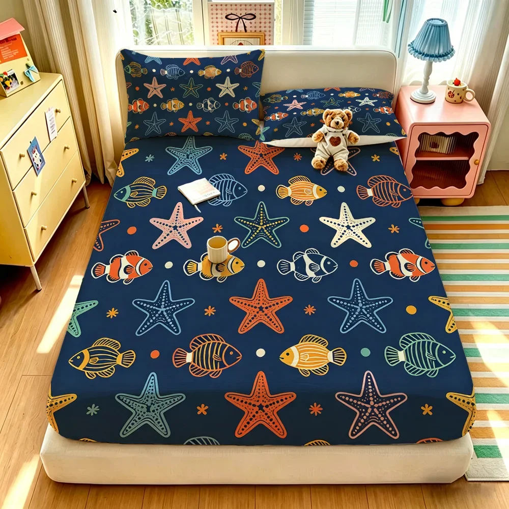 3pcs Cartoon Fish Printed Coreless Bed Sheet Summer Set Multi Size Comfortable Bedding Decoration Machine Washable