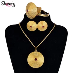 Shamty Ethiopian Jewelry Set Pure Gold Color Silver Color Pendant Chain Earrings Ring Bangle African Bridal Ethiopia Gift A30001