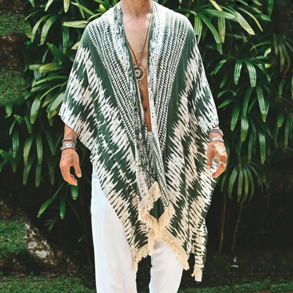 Beach Cloak Men Irregular Print Cape With Fringe Edges Tulum Loose Fit Outdoor Beach Shawl Reversible Casual Cape Long Cardigan