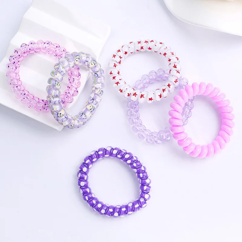 6pcs Telephone Cord Scrunchies Spiral Hair Ties Sweety Star Flower Print Phone Cord Elastic Hair Bands Hair Accessories