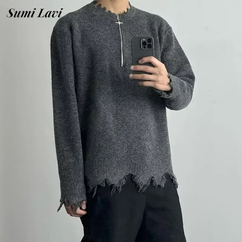

Весенне-осенние винтажные мужские вязаные пуловеры, модные однотонные свитера на молнии с круглым вырезом, мужской новый повседневный свитер с длинными рукавами