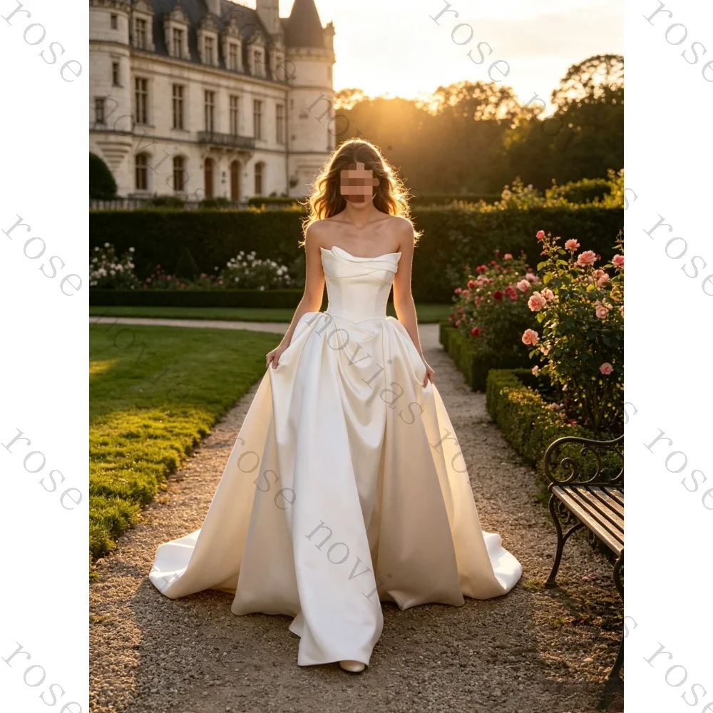 Customized Simple Satin Strapless Waist Cinched Wedding Dress 2026 New Pleated Tight Corset Fluffy A-line Women's Bridal Gown