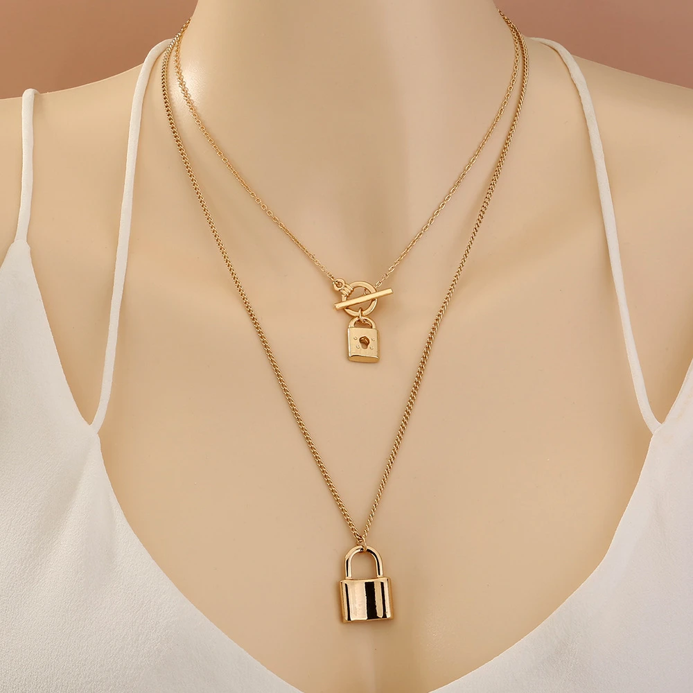 Vintage Boho Fashion Simple Geometry Chain Choker New Gold-plate Necklace For Women Punk Crystal Chain Lock Pendant Jewelry Gift