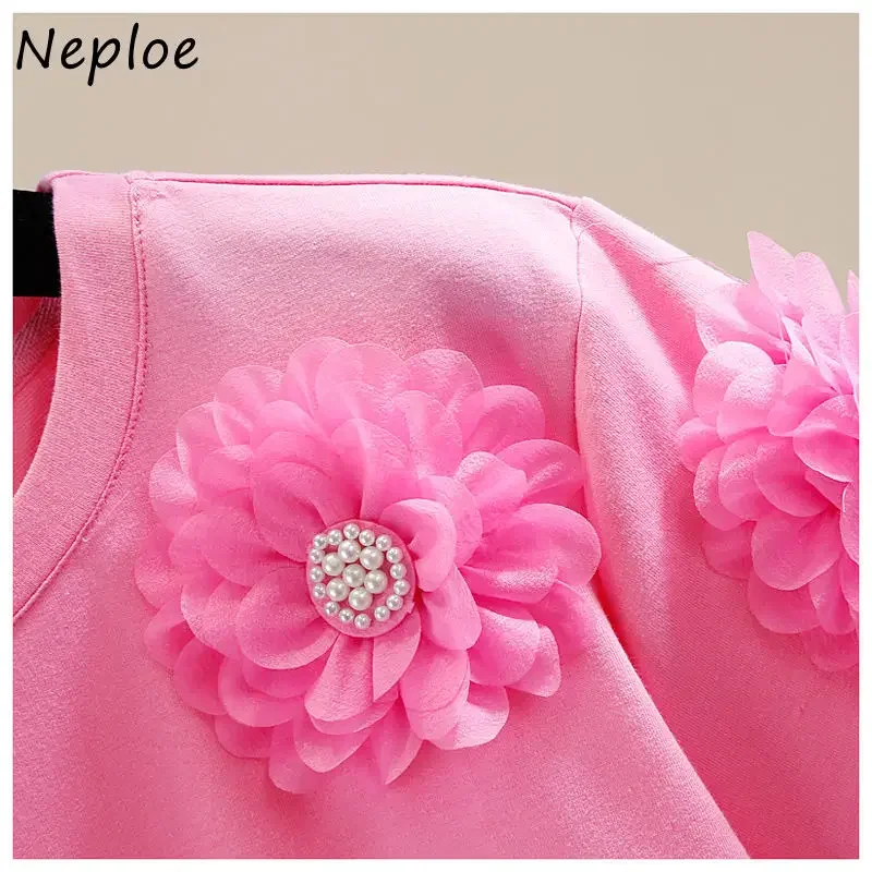 Neploe Women Loose All-match Tees Heavy Beaded Sweet Stereo Flower Decoration Tops Round Neck Pullover Short Sleeved T-shirt