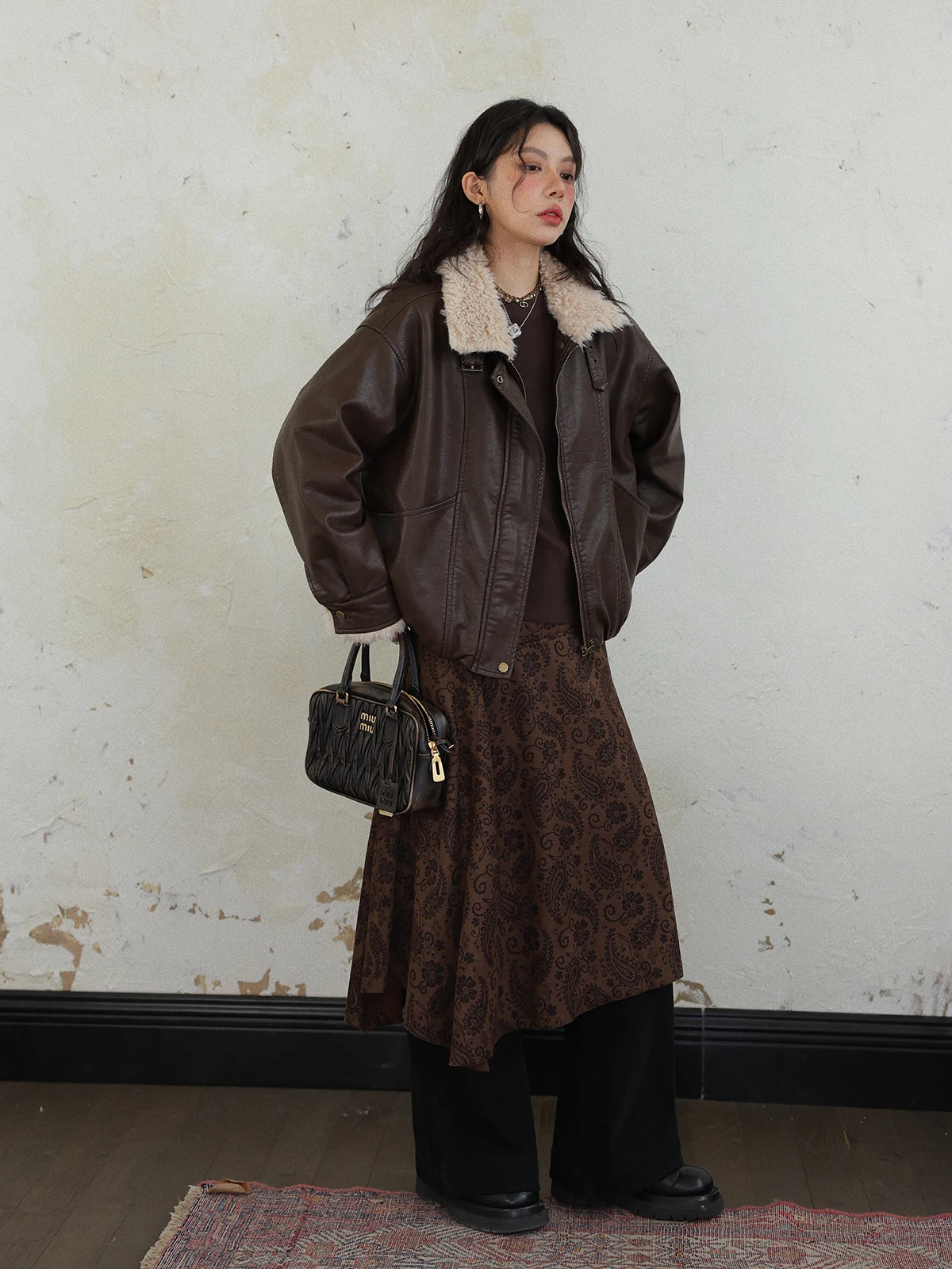 Jaet de couro sintético feminino retrô sle com gola de pele casaco boudoir calor interno fce ort comprimento fecho com zíper