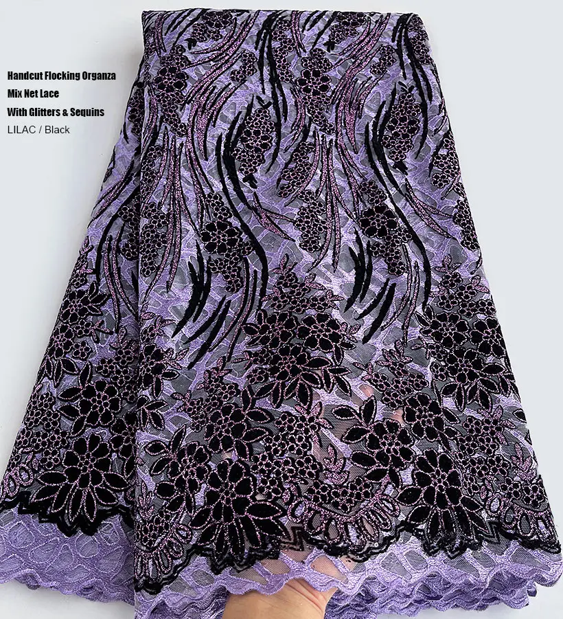 

African Flocking Velvet Organza Lace Textured Mesh Tulle French Net Fabric with Sequins Glitters Nigeria Occasional Wear Garment