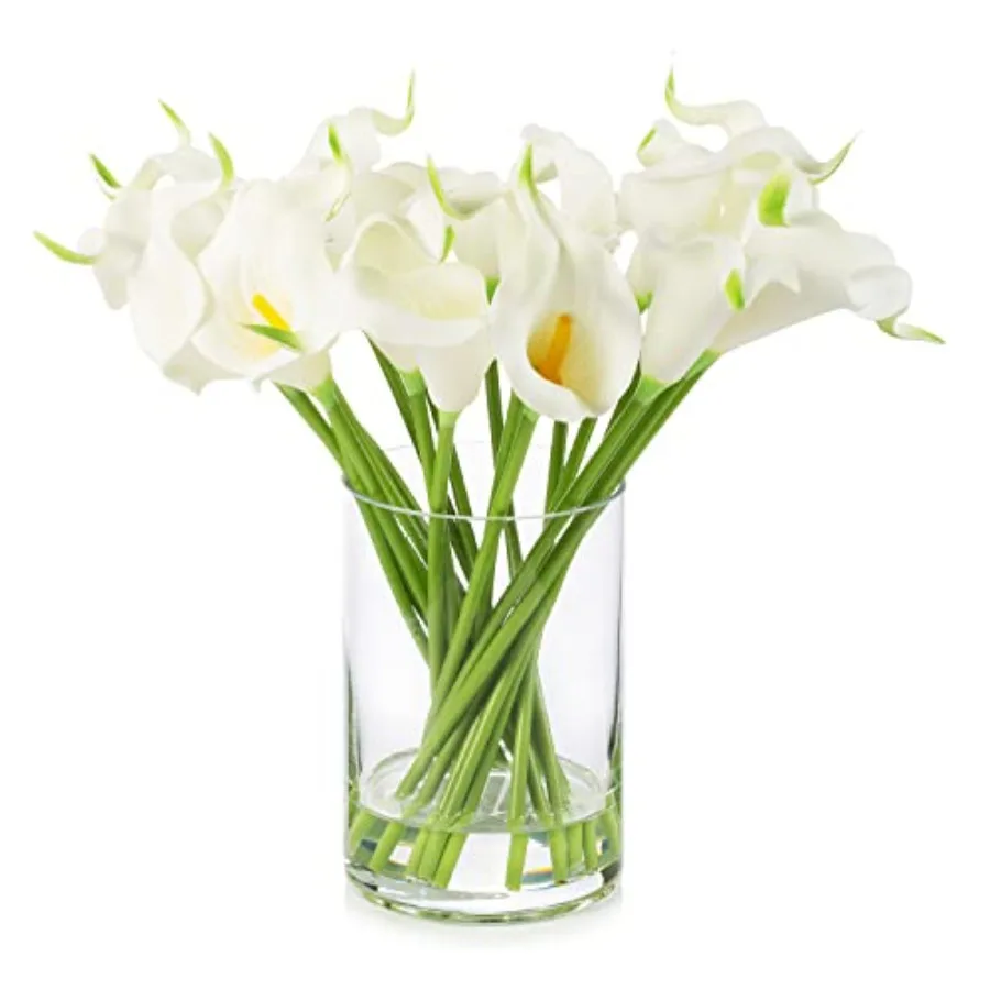 

20 Pieces Artificial Real Touch Lilies Flower Arrangement in Glass Vase with Faux Water for Home Decoration White