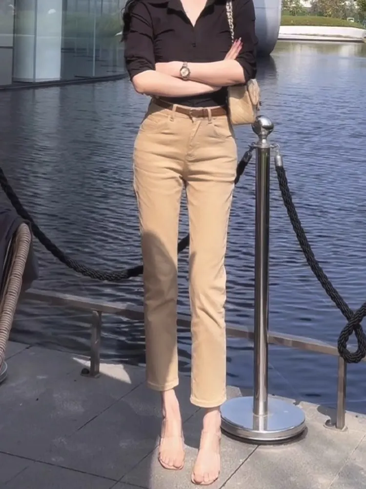 

High Waist Straight Leg Khaki Denim Jeans Women's Slim Fit Summer Casual Cotton Stretch Bootcut Trousers High Elastici
