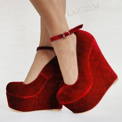 LAIGZEM Women Pumps Velvet Platform Wedges High Heels Sandals Ladies Height Increase Party Prom Shoes Woman Big Size 41 42 50 52