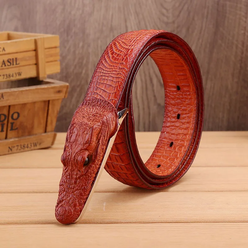 (Ta-weo) Men\'s Crocodile Pattern Split Leather Smooth Buckle Belt, Lady Fashion & Generous & Luxury Belts for Women