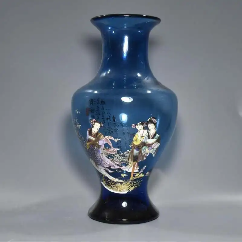 A pair of blue-glazed, hand-painted, colorful dragon-patterned elephant ear vases, made of official kiln porcelain and glass, an