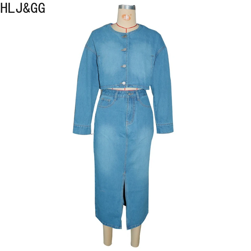 HLJ&GG Autumn New Denim Two Piece Sets Women Button Long Sleeve Top And Slit Skirts Outfits Blue Fashion Cowboy 2pcs Streetwear