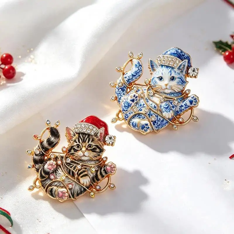 1 Stück Unisex Strass Bunte Lichter Kätzchen Neujahrs-Party Brosche Niedliche Weihnachts-Katzenbroschen für Frauen – Detail 2