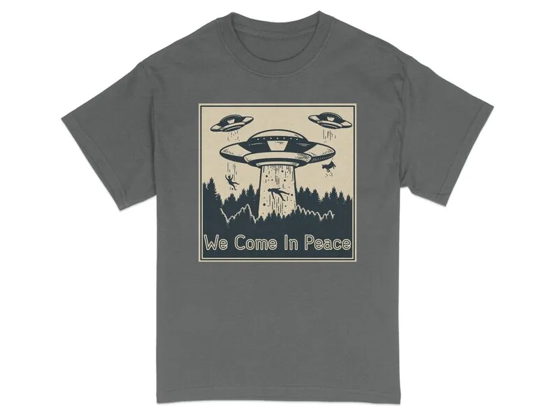 Vintage Alien UFO T-Shirt, We Come In Peace Forest Design, Sci-Fi Tee, Retro Space Graphic Shirt, Extraterrestrial Encounter Top