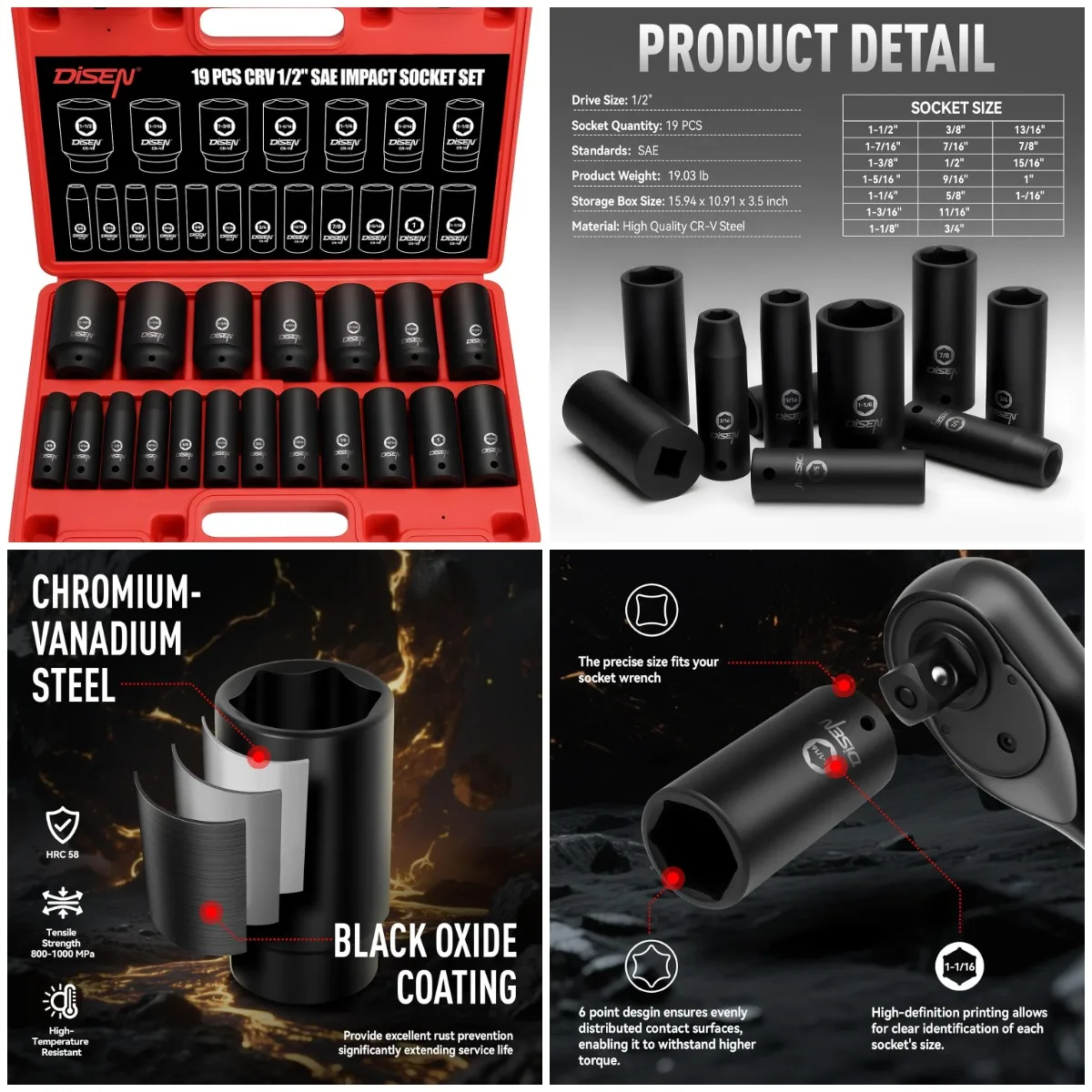 

19-Pc 1/2' SAE Deep Impact Socket Set, 3/8'-1-1/2', 6-Point Cr-V & Alloy Steel, 1/2' Drive