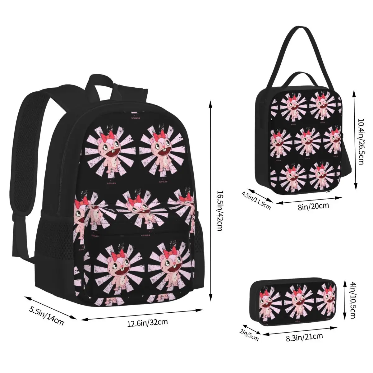 Giggles Japanese Happy Tree Friends Backpacks Boys Girls Bookbag School Bags Rucksack Lunch Bag Pen Bag Three-Piece Set