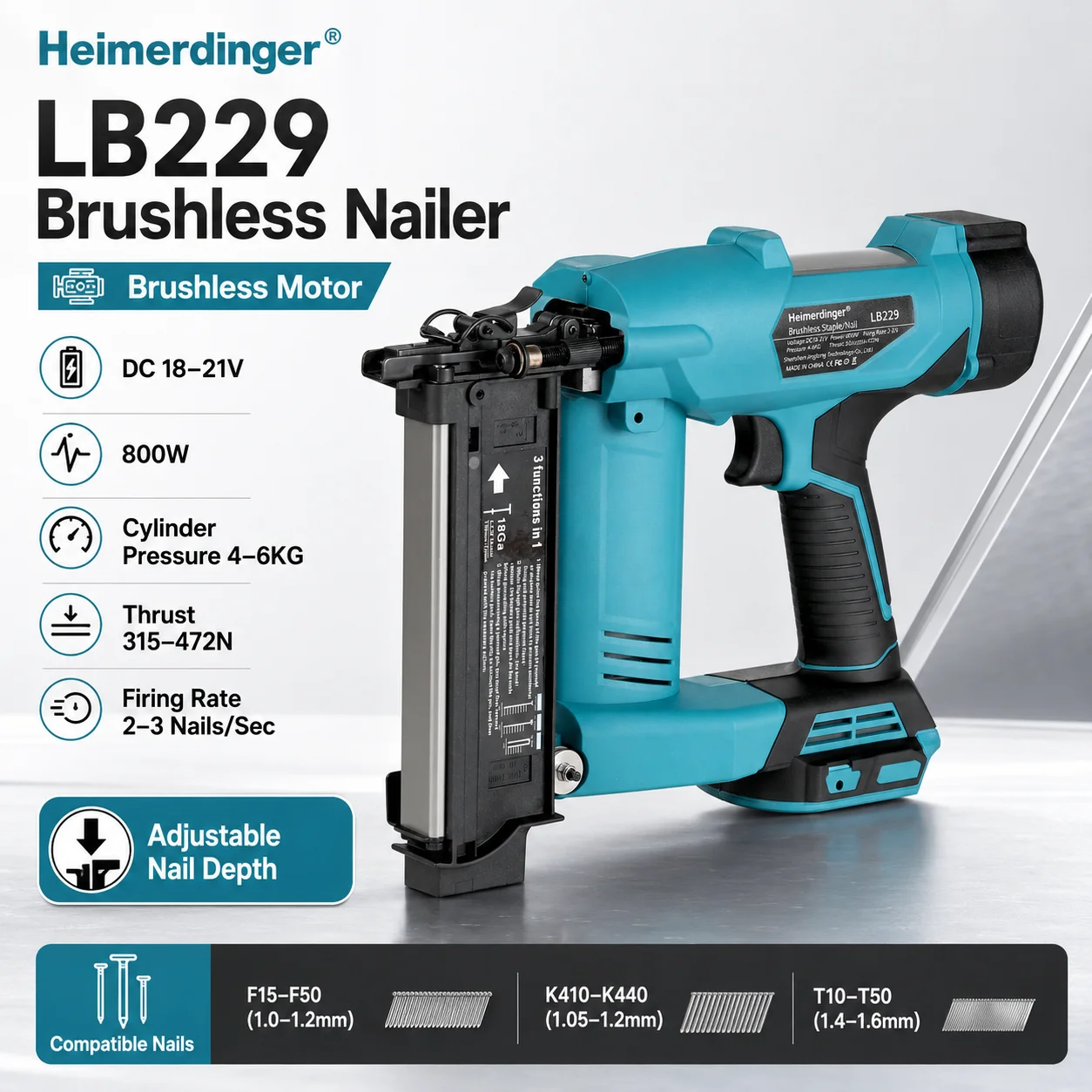 Heimerdinger 18V Brushless Cordless Nail Gun Stapler 800W 3-in-1 Brad Nailer Depth Adjustable Tool No battery