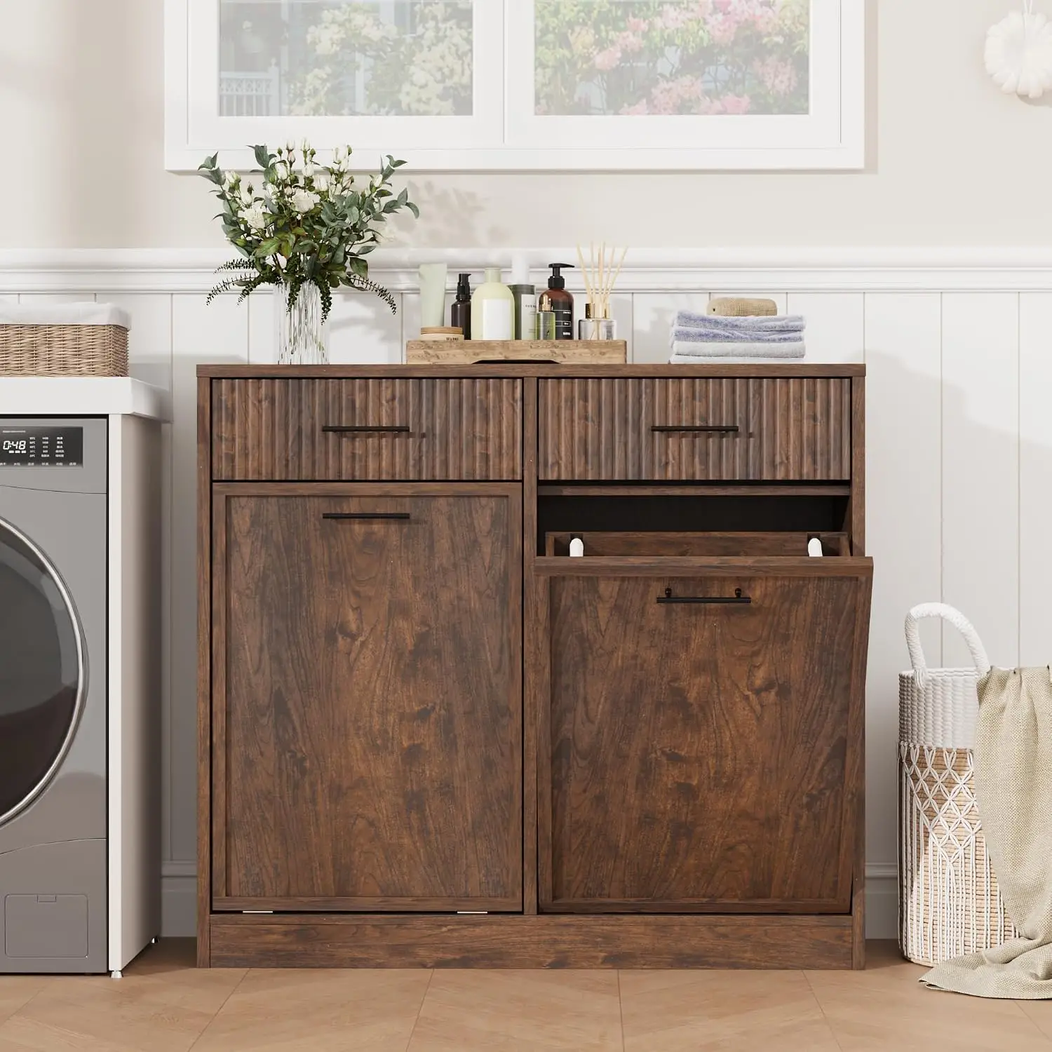 20Gal Double Tilt Out Laundry Hamper Cabinet with Drawers, Vintage, Customized