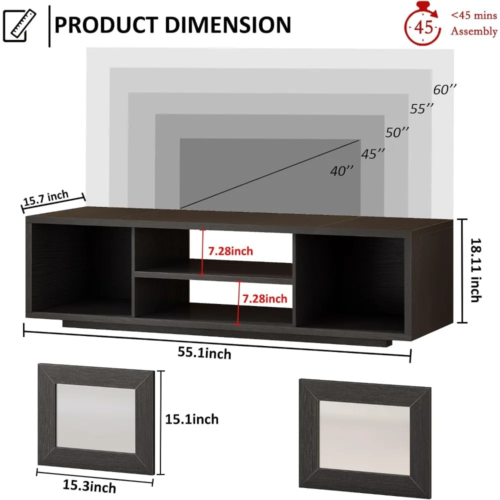 Suporte de TV preto de 55 polegadas, centro de entretenimento para quarto e armário sob TVs com armazenamento, console de TV moderno