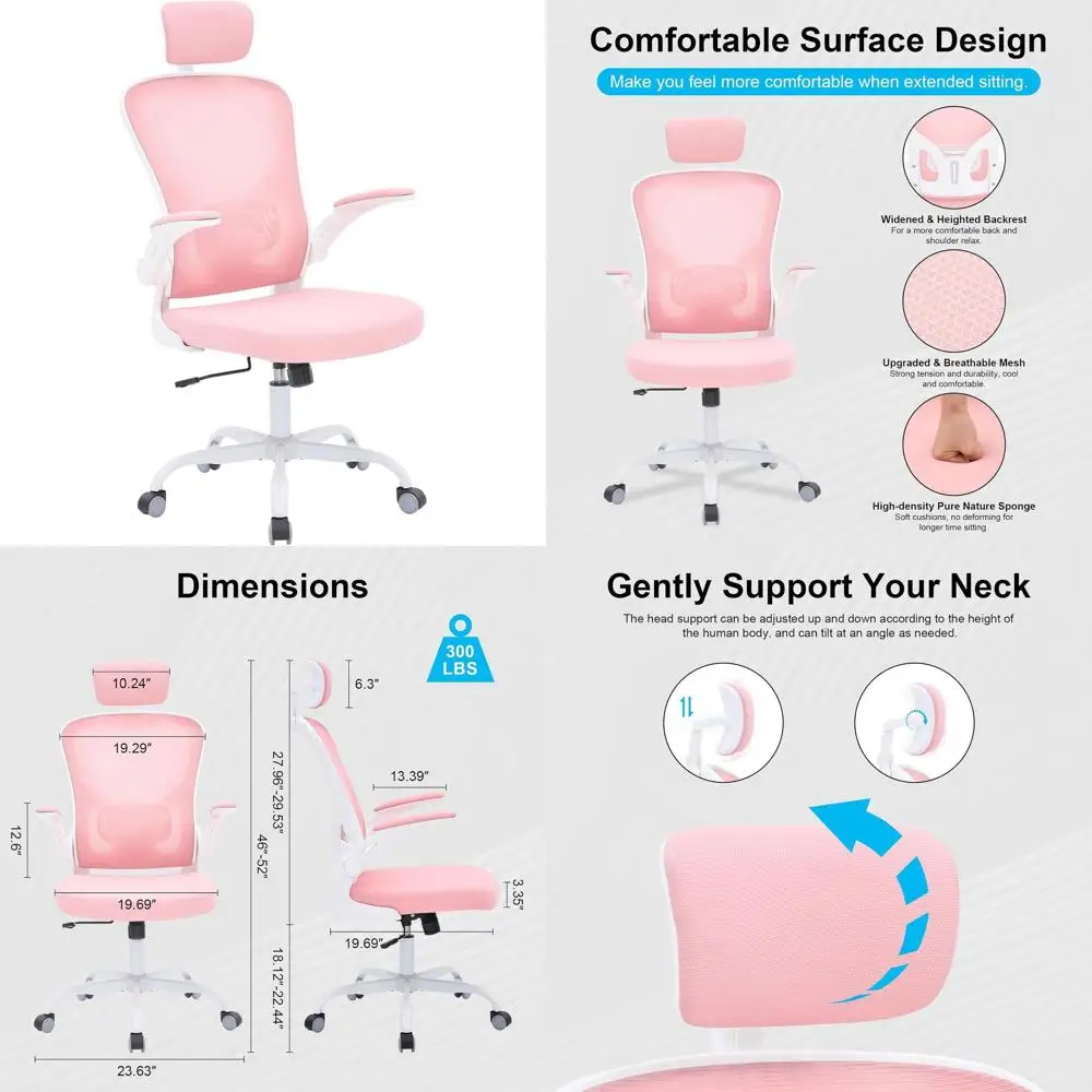 

Ergonomic High-Back Mesh Office Chair with Flip-Up Armrests and Headrests, Rolling Desk Chair for Home Office, White & Pink