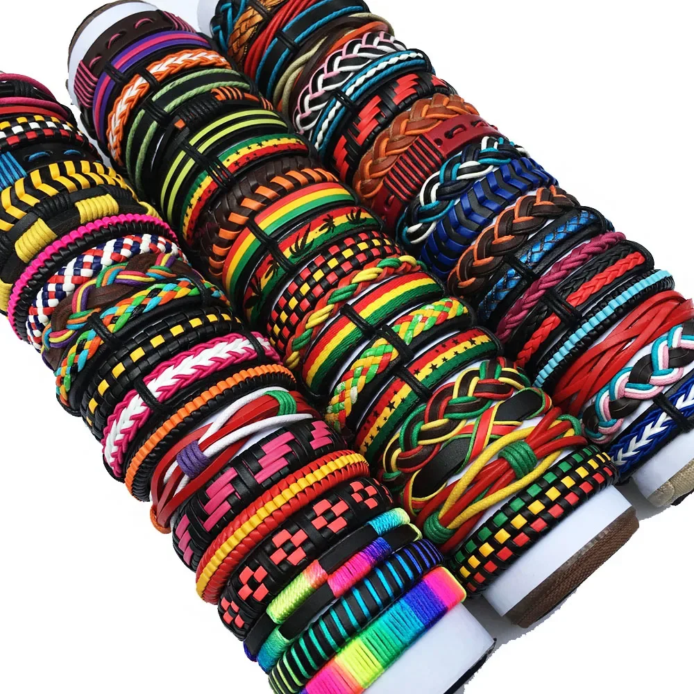 Random 6Pcs/Lot Or Specific 6Pcs/set Handmade Men's Women's Multi-color Surfer Leather Cuff Bracelets Jewelry Party Gift  MX14