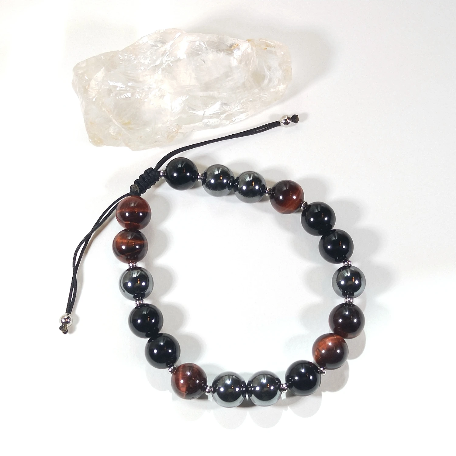 Lii Ji Real Stone Tiger's Eye Black Agate Hematite 10mm Adjustable Bracelet for Male Jewelry