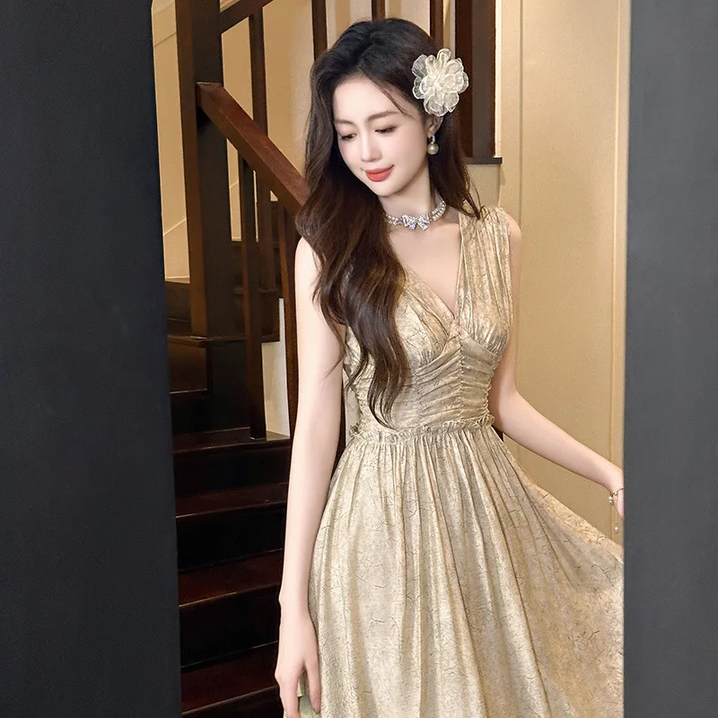 

Party Formal Dress Summer New Women's Clothing Deep Collar Cinched Sleeveless Word Swing