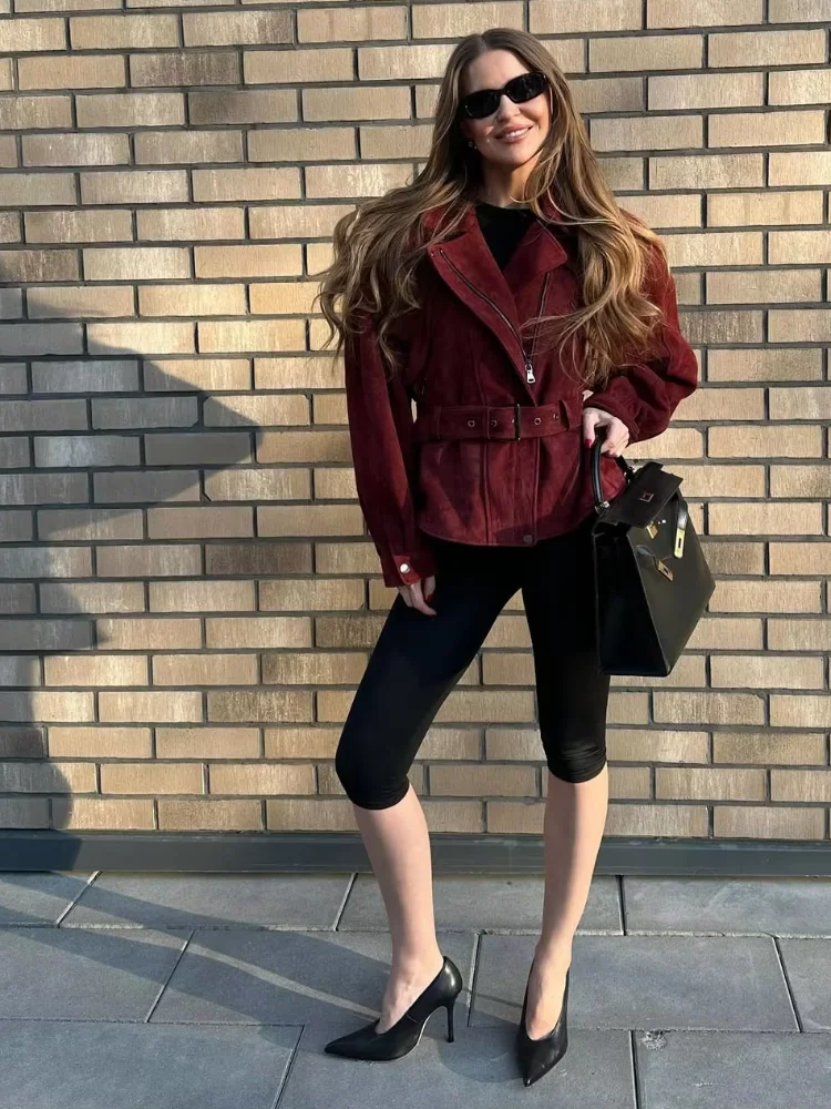 

Burgundy Suede Belted Jacket Women Chic Casual Lapel Stand Collar Waist Cinching Short Jackets 2025 Lady Daily Commute Outwear