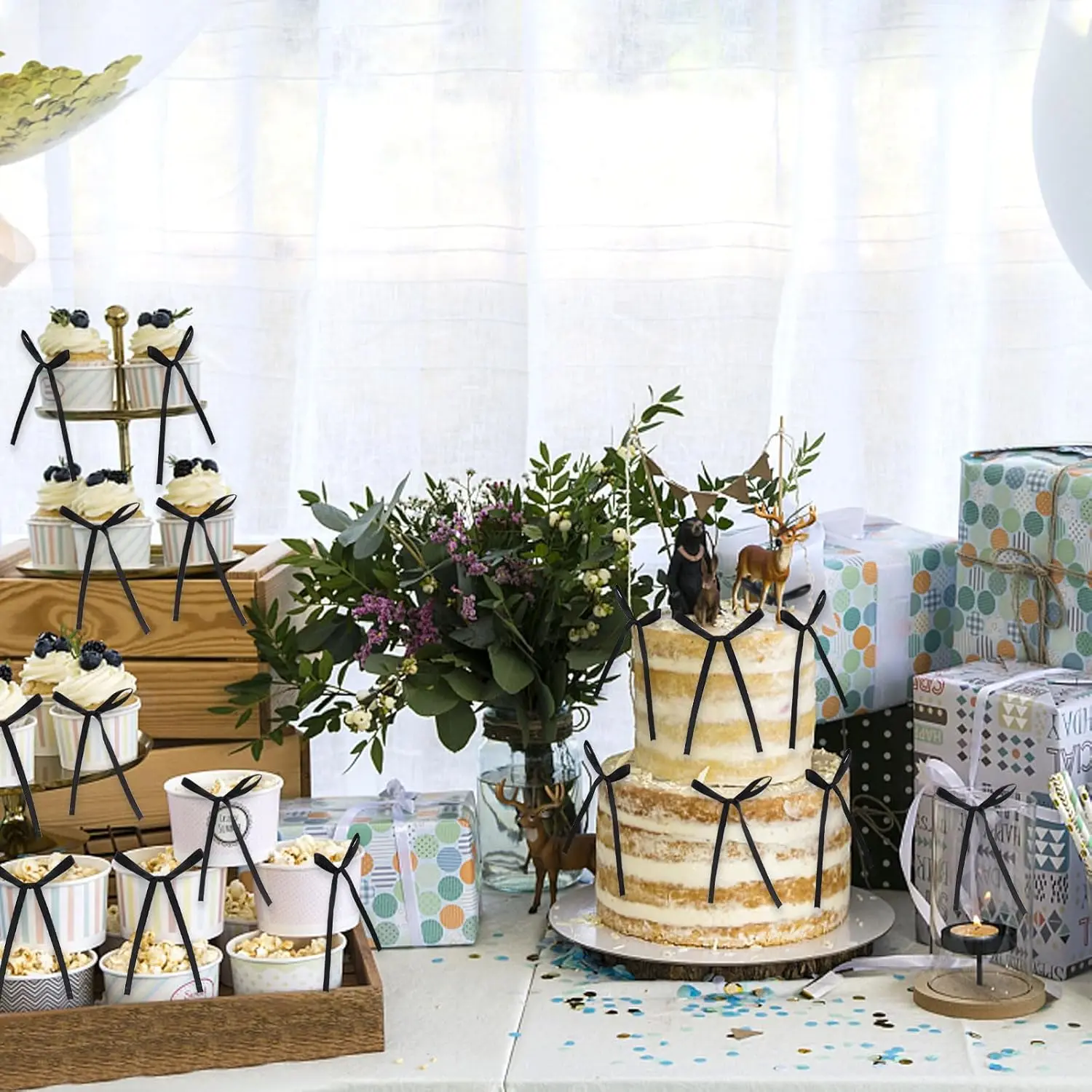 Kuchen-Topper mit Schleife, schwarze Bänder, Schleife, Kuchendekorationen für Geburtstag, Babyparty, Hochzeitstag, Neujahr, Partyzubehör – Detail 15