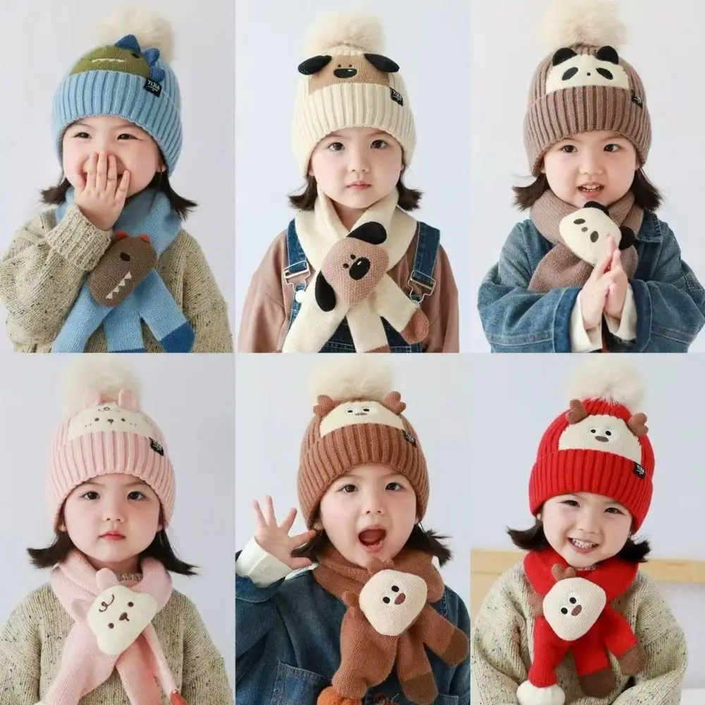 2 قطعة القبعات Kawaii الأطفال قبعة وشاح مجموعة سميكة الكورية نمط محبوك قبعة صغيرة لينة الدفء الكرتون وشاح دافئ الرضع