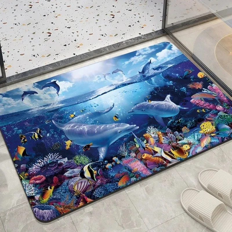 Home Bedroom Carpet Living Room Lovely Entrance Floor Mat Sea Animal Dolphin Pattern Kitchen Bathroom Absorbent Decoration Rug