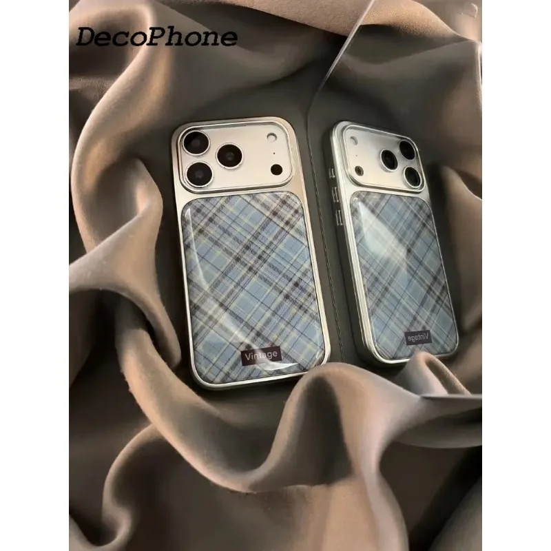Japanische und koreanische Ins Retro Blau-Braun Karierte Mode Handyhülle für iPhone 17 16 15 14 13 12 11 Pro Max Plus Y2K Cover