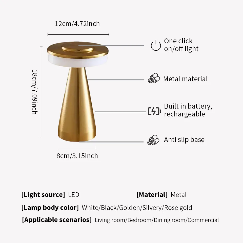 Retro Mushroom Table Lamp  Touch Sensor Desktop Night Light  Rechargeable Reading Lamp For Bedroom Restaurant Bar Decor Lighting