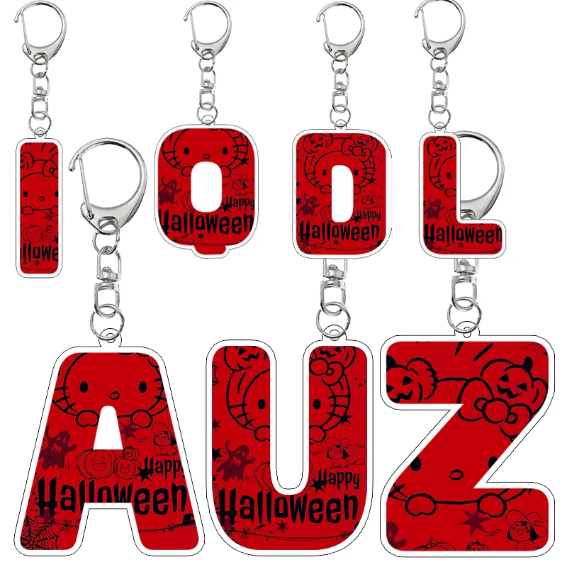 Kawaii Hello Kitty A-Z Letter Halloween Printed Acrylic Keychain Anime Cute Cartoon Students Keyring Jewelry Pendant Charm Gifts