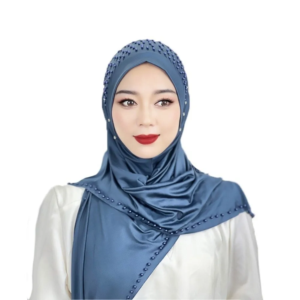 Convenient Soft Beaded Instant Hijab Stretch Breathable Malay Headscarf Easy Wrap Solid Color Pullover Scarf Travel Wear