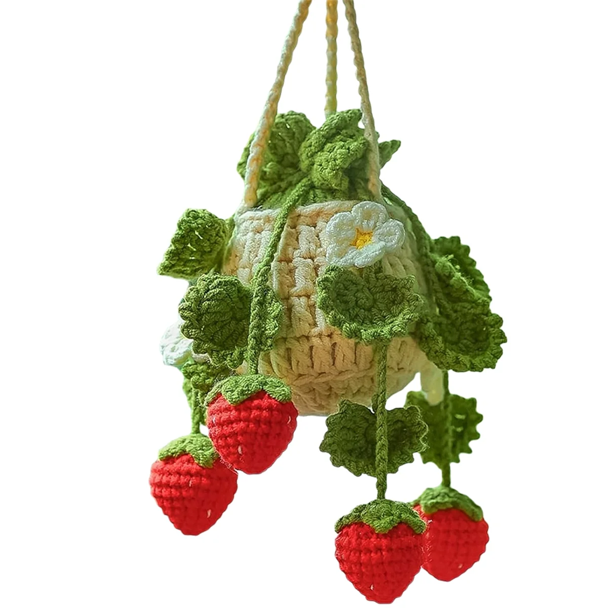 Car Plant Crochet Hanging Basket, Strawberry Plant Pendant, Car Rearview Mirror Ornament Pendant Army Green