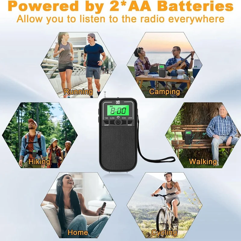 Rádio plástico preto portátil do Walkman do bolso para acampar, AM, FM, SW, emergência, exterior, 1 PC