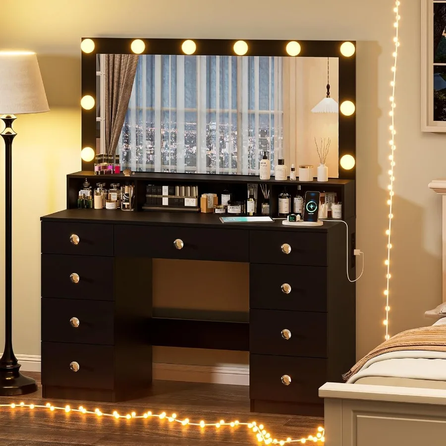 Vanity Desk with Large Mirror and Lights Super Storage Space Makeup Vanity with 9 Drawers Power Outlet Makeup Desk Dressing Tab