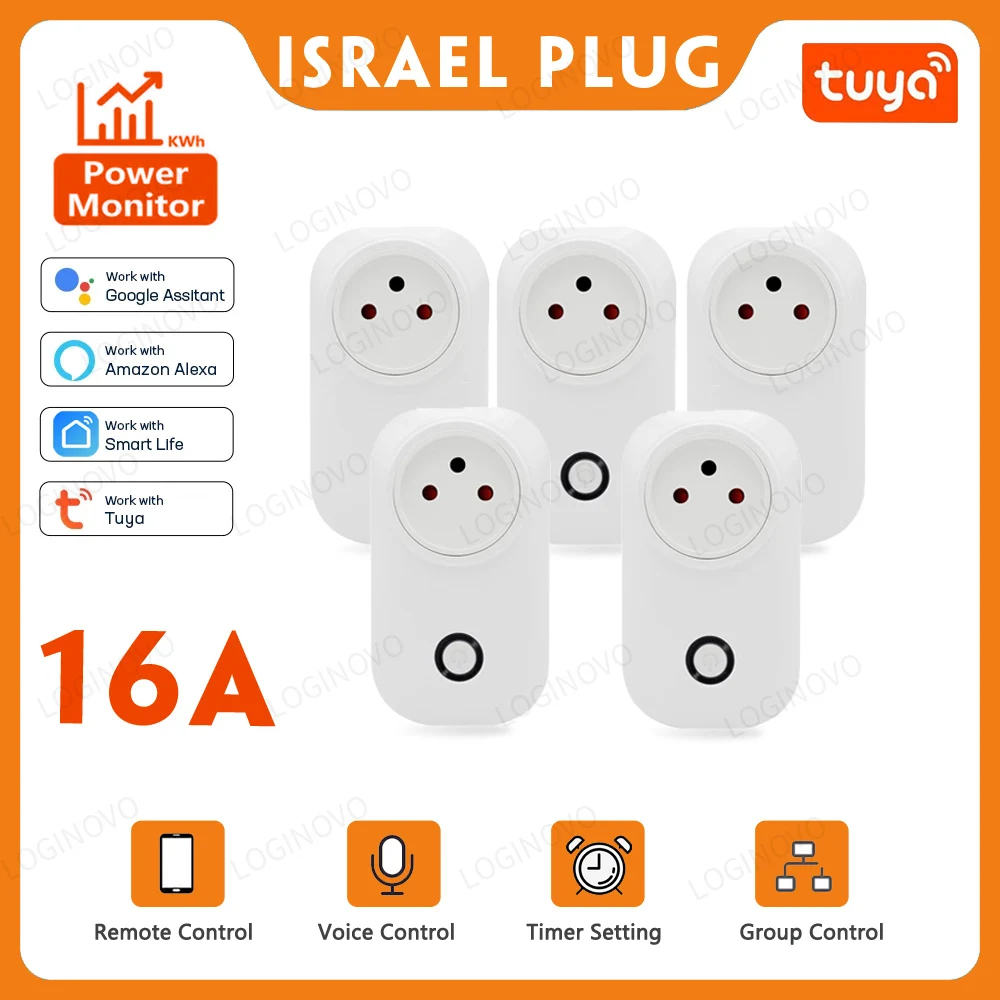 Tuya Smart Socket IsraeL Plug 16A Power Monitor Wifi Light Switch Smart Life Remote Control Outlet For Alexa, Google Assistant