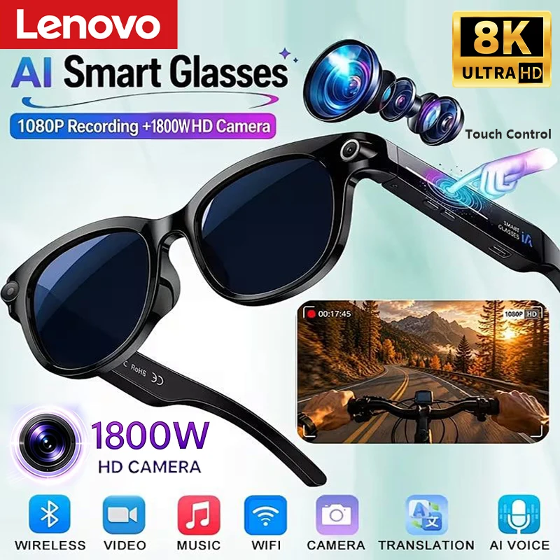 Lenovo Wireless AI Smart Glasses Touch Control Bluetooth Remote Photo Video Record Translator Voice Assistant óculos inteligente