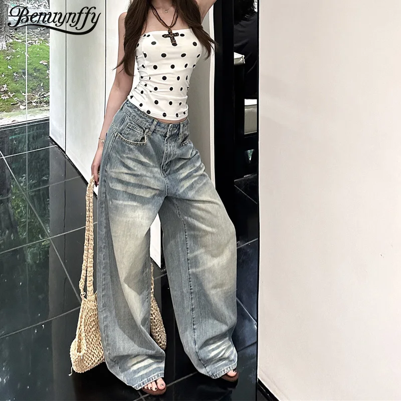 

Benuynffy, американские винтажные потертые старые джинсы, женская повседневная уличная одежда Y2K, свободные широкие джинсы с высокой талией, женская мода
