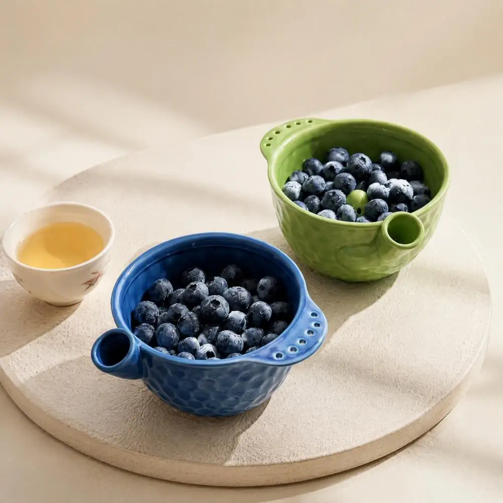Fruit Vegetable Washer Ceramic Berry Washing Bowl with Drain Holes Self-spinning Fruit Vegetable Washer Swirling for Berries