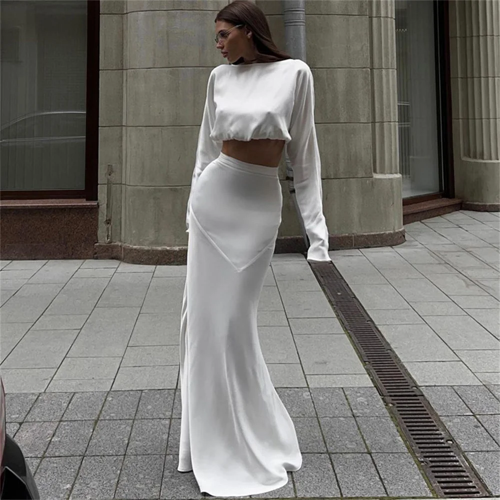 Women White Satin Top and Skirt 2 Piece Sets Sexy Long Sleeve Crop Tops with High Waist Floor-Length Long Trumpet Skirts Outfit