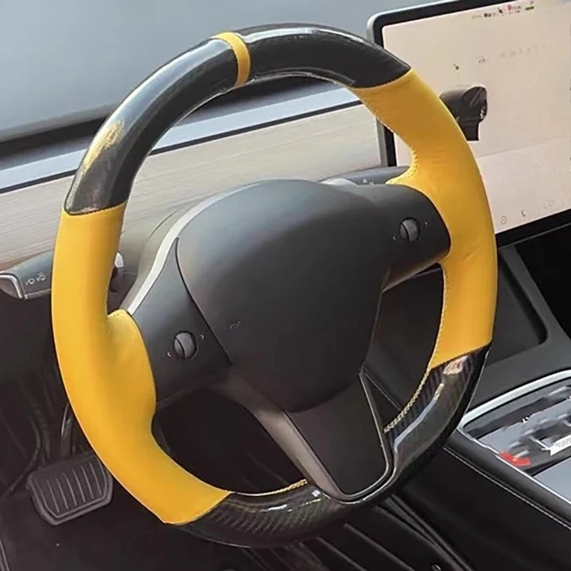

Hand-stitched yellow Genuine Leather Carbon Fiber non-slip car steering wheel cover 100% Fit For Tesla Model Y 3 2017-2020