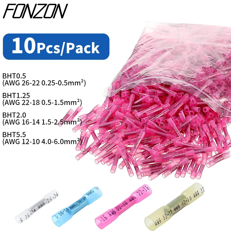 

10pcs Heat Shrink Butt Connectors Waterproof Insulated Wire Connectors Crimp Terminals BHT0.5/BHT1.25/2/5.5 AWG22-18 0.5-1.5mm²