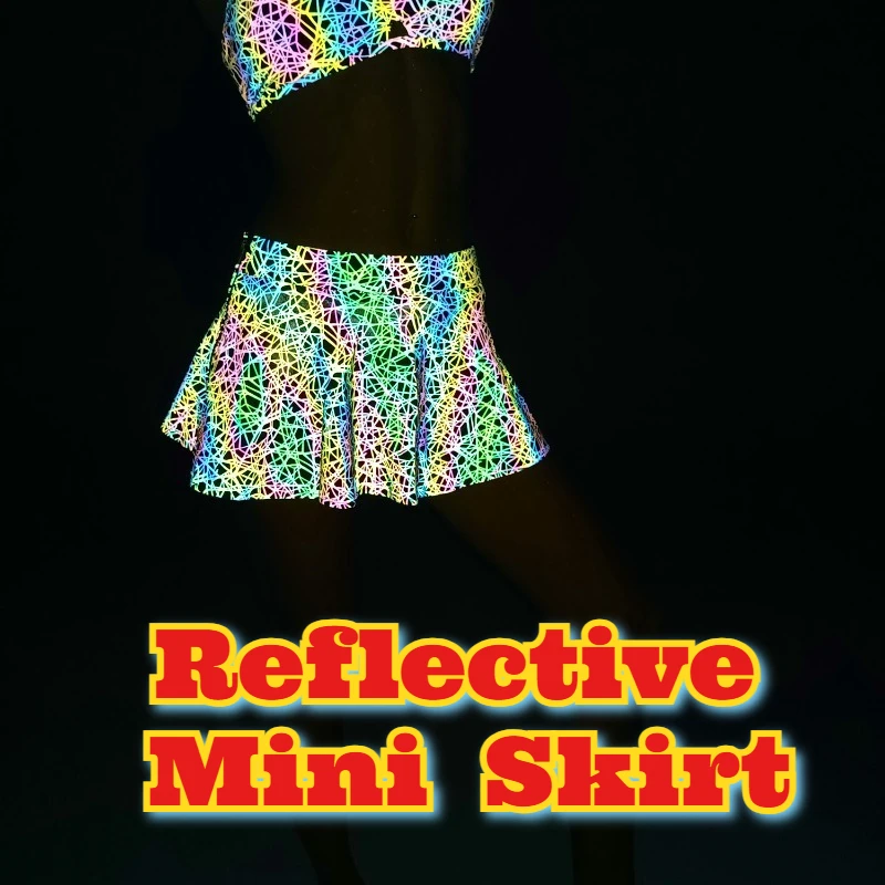 

Reflective Mini Skirt Side Zipper Sexy Pleated Skirt Colorful Clubwear Night Out Fashion Rave Party Bodycon Short Skirt Women